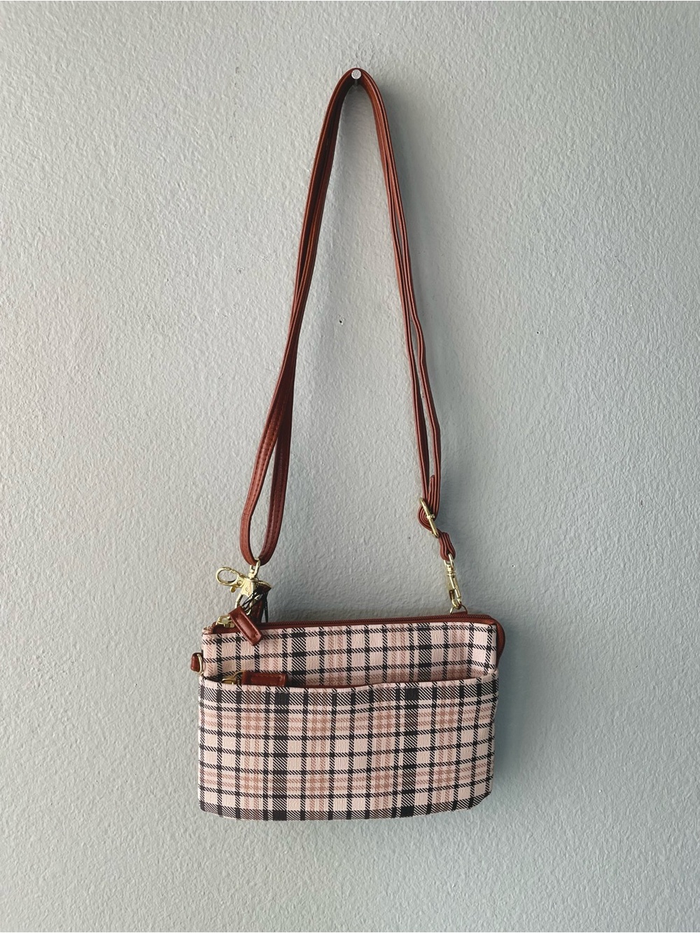 🌱5/$25🌱Mundi | Beige Brown Plaid Faux Leather Convertible Crossbody Bag Wallet